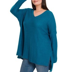 ZENANA Oversized Waffle Knit Hi-Low VNeck Sweater LAST ONE!